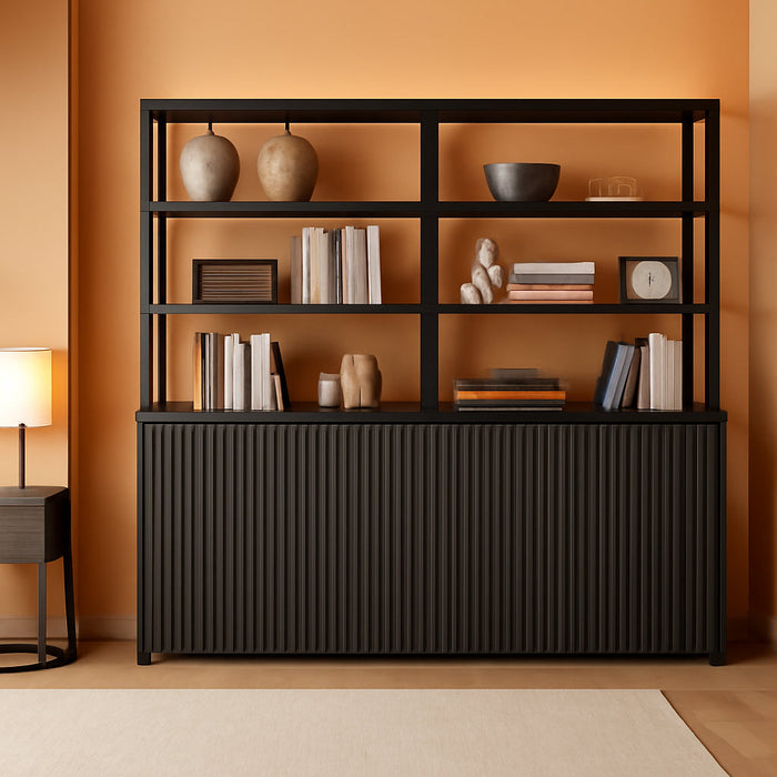 Orson Fluted Bookcase with Storage Cabinet — styled product overview