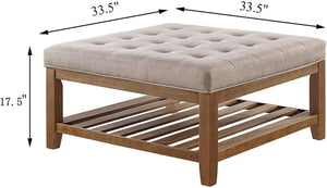 Marlow Tufted Linen Ottoman Coffee Table — front and side view