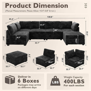 Lennox Black Corduroy Modular Sleeper Sectional — front and side view