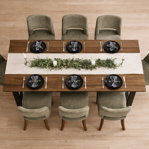 Alden 7-Piece Natural Wood Dining Set — front and side view