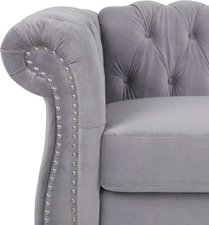 Camille Grey Velvet Chesterfield Living Room Set — 3 Pieces — dimensions and feature view