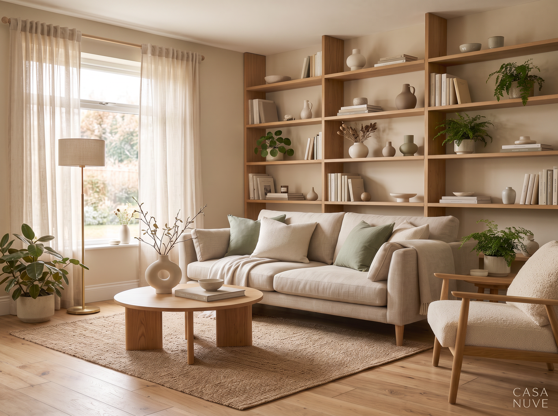 Sala de estar Casa Nuvé estilo Japandi con estantería de madera