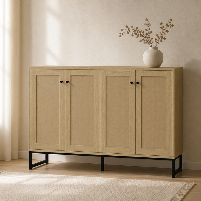 Natural rattan sideboard with four woven doors in a warm luxury interior