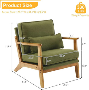 Sage Green Mid-Century Lounge Chair with Lumbar Pillow — front and side view