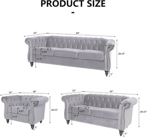 Camille Grey Velvet Chesterfield Living Room Set — 3 Pieces — front and side view
