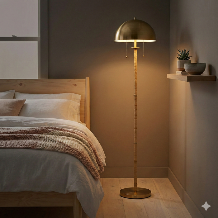 Lámpara de piso latón dorado con detalles de rátan Casa Nuvé, ambiente cálido