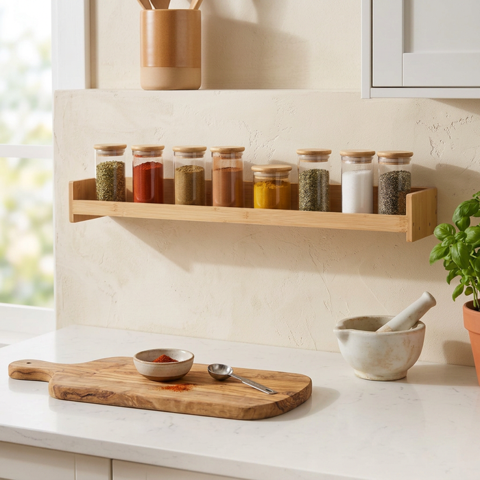 Riel de especias de pared de bambú en cocina con frascos de vidrio