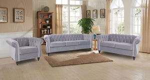 Camille Grey Velvet Chesterfield Living Room Set — 3 Pieces — design and upholstery detail