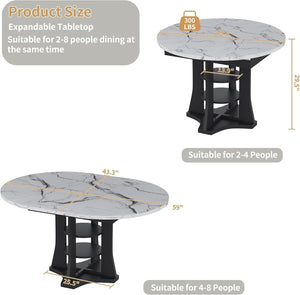 Bianca White Faux-Marble Extendable Dining Table — front and side view