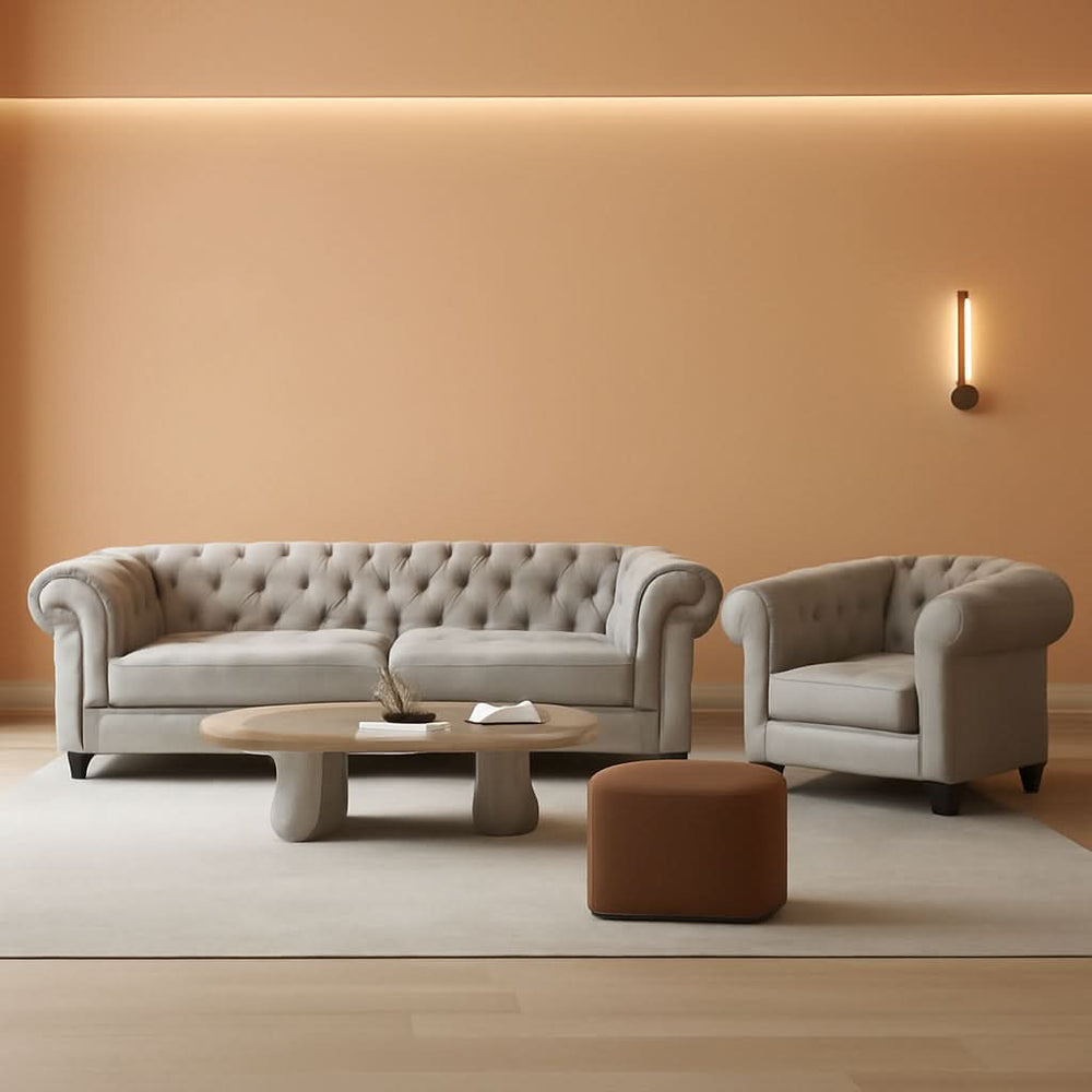 Camille Grey Velvet Chesterfield Living Room Set — 3 Pieces — styled product overview