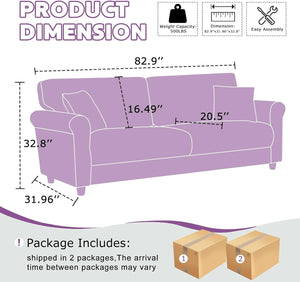Violette Purple Velvet Loveseat — 83 Inch — front and side view