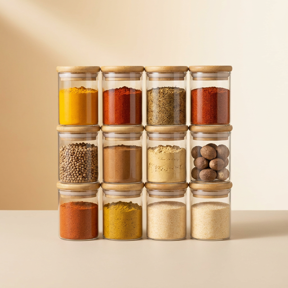 Set de 12 especieros de vidrio con tapa de bambú Casa Nuvé
