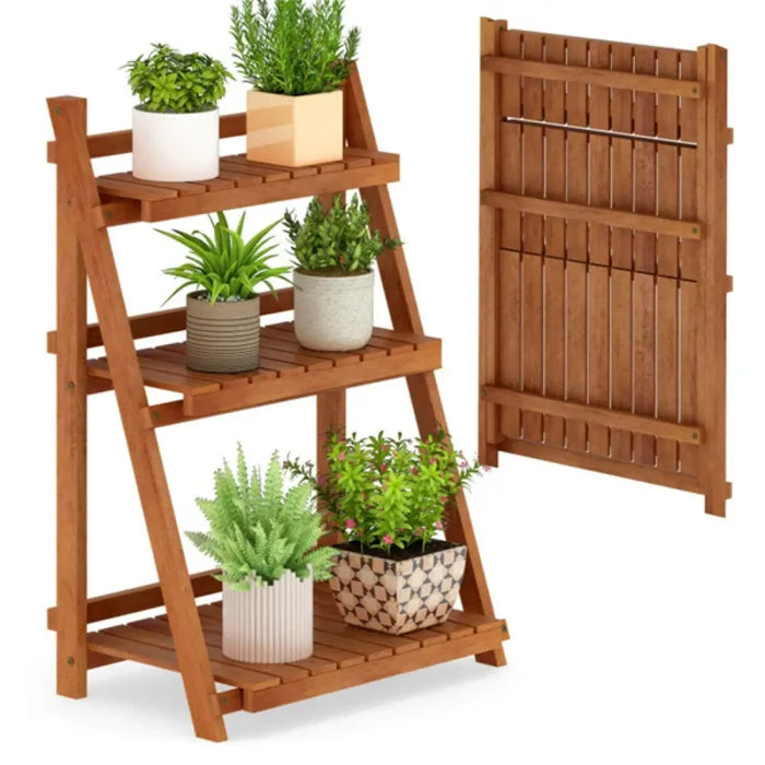 Estante escalera de madera de acacia con 3 niveles para plantas Casa Nuvé