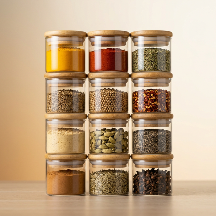 Set de 12 especieros de vidrio con tapa de bambú Casa Nuvé