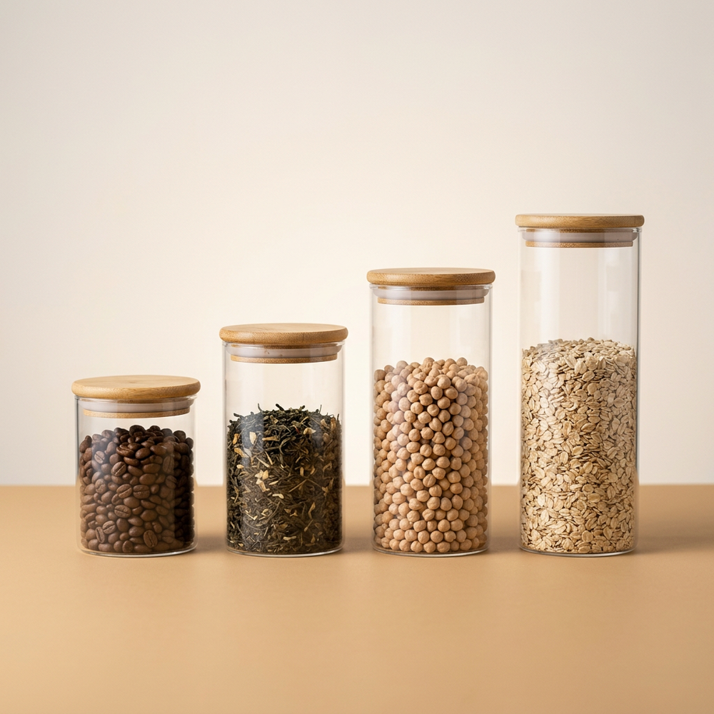 Set de frascos de vidrio con tapa de bambú llenos de café, té, garbanzos y avena Casa Nuvé